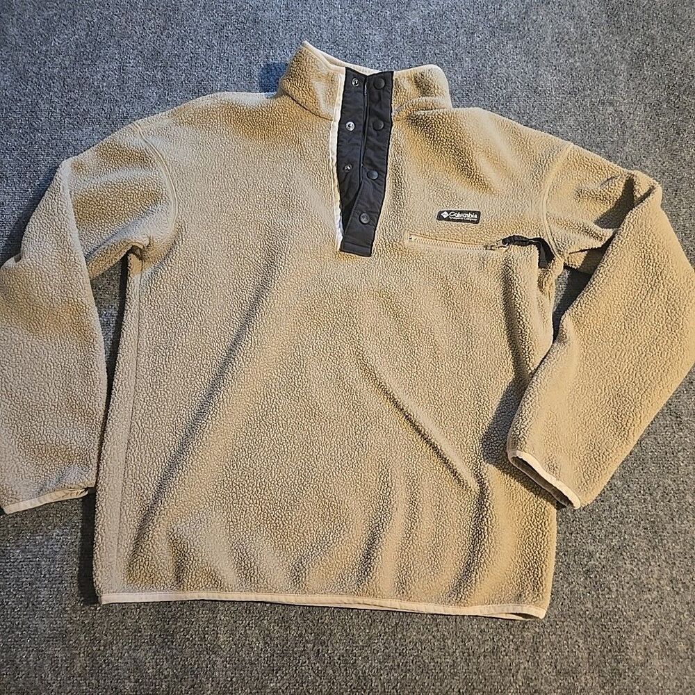 Columbia Fleece Pullover Jacket Mens Medium Beige 1/4 Snap Pockets Polyester